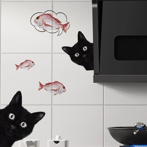Playful black peeping cats and pink fish PVC wall decals for kitchen tile decoration
