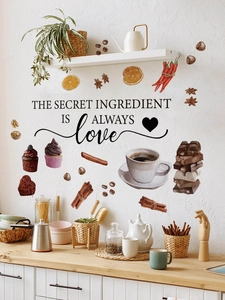 Kitchen wall stickers featuring coffee mugs, cinnamon rolls and artistic slogans
