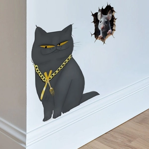 3D wall sticker set featuring a stylish black cat and mouse hole decor for home walls
