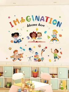 Detail of colorful Imagine wall stickers with children, rocket and stars in classroom