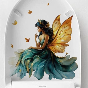 Autocollant mural adhésif représentant une fée bleue avec des ailes de papillon dorées
