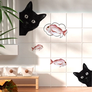 Self-adhesive black cat and red fish PVC wall stickers for kitchen tile decoration