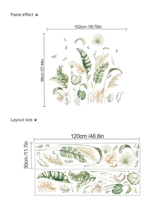 Detail view showing layout size and paste effect for tropical banana leaf wall sticker set