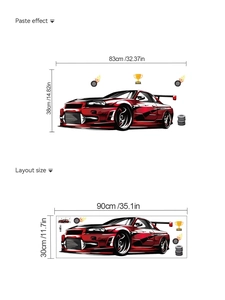Detailed size chart and layout dimensions for red race car cartoon wall sticker set