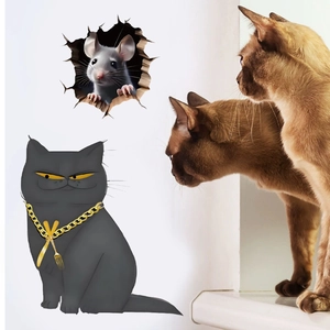 3D wall sticker featuring a cartoon black cat with gold chain and realistic mouse hole effect