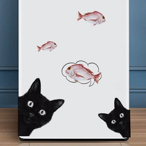 Cute black cat peeping wall stickers with red fish for fridge and home decor
