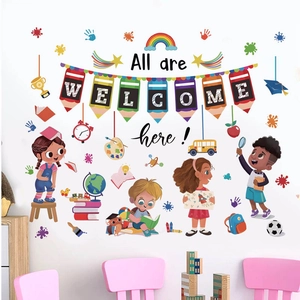 Stickers muraux PVC colorés avec enfants et bus scolaire pour décorer la salle de classe