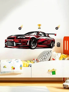 Detail of red racing car wall stickers for boys bedroom showing winner trophy decals