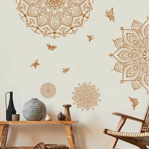 Golden mandala flower and butterfly wall decal set for bohemian home interior decoration