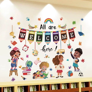 Stickers muraux école Bienvenue avec enfants, bus scolaire et arc-en-ciel pour classe