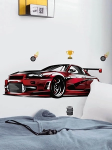 Detail of red sports car wall stickers with winner trophy for kids bedroom decor