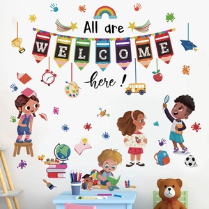 Stickers muraux Bienvenue colorés avec enfants et crayons pour décoration de salle de classe