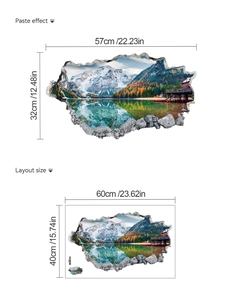 Detail of 3D landscape wall sticker showing mountain layout and specific product dimensions