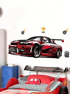 Detail of red sports car wall decals for kids room with trophy and flame tire stickers