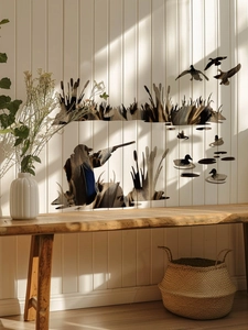 Detail of lake reeds and wild ducks wall decals on a textured white background