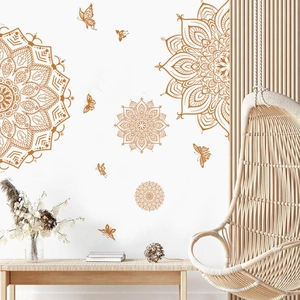 Golden mandala wall stickers with butterfly accents for bohemian home decor