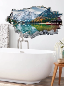 Detail of 3D window wall sticker featuring snowy mountains and lake scenery in bathroom