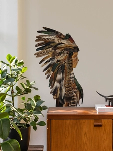 Detail of Indian girl wall sticker with realistic feather collage on off-white wall