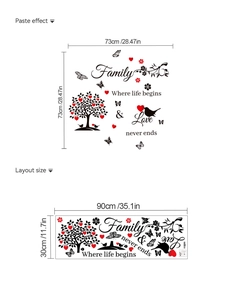 Vue détaillée des dimensions du sticker mural arbre avec papillons et motifs de cœur