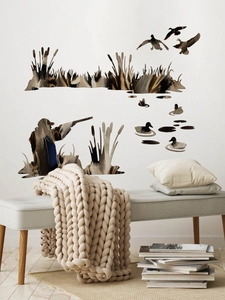 Artistic PVC wall decals featuring flying wild ducks and hunters among lake reeds