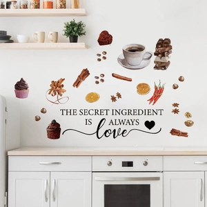 Self-adhesive PVC kitchen wall decal with coffee motifs and Love Secret Ingredient slogan