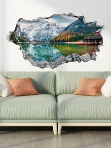 Detailed 3D broken wall mural showing snow mountains and lake for home decor