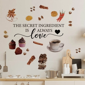 Kitchen wall decals set featuring food illustrations and The Secret Ingredient Is Love quote