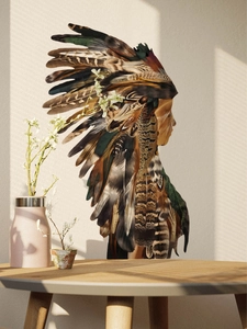 Artistic Indian style girl wall sticker with colorful feathers in a cozy living room scene