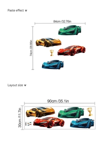 Cartoon race car wall stickers layout showing dimensions of 90x30cm and pasted effect
