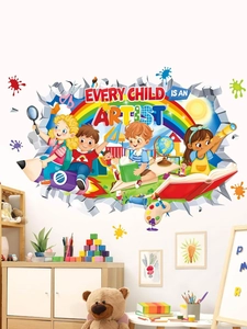 Detailed 3D wall decal with cartoon children and Every Child Is An Artist slogan