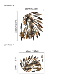 Detail showing layout dimensions and colorful feather Native American wall sticker