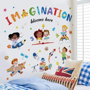 Space themed wall stickers for kids room featuring astronauts rockets and imagination quote