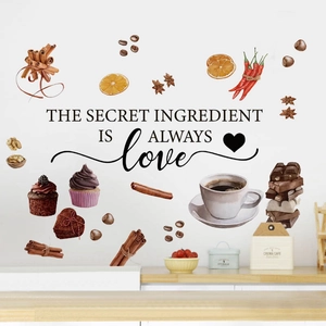 PVC wall stickers for kitchen with cupcake, coffee icons and 'The secret ingredient is love'