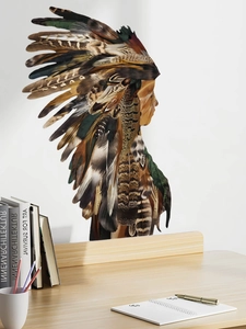 Artistic Indian style wall sticker with colorful feathers profile in home office setting