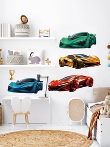 Detail of colorful cartoon sports car wall stickers in a bright white children bedroom