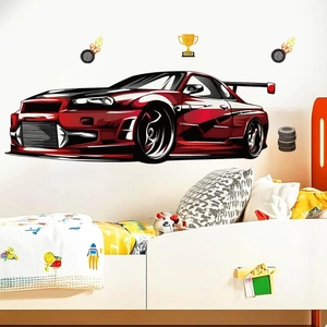 Red Racing Car Wall Sticker For Kids Bedroom Waterproof PVC Cartoon Sports Car Decal Removable Trophy Tires Mural For Nursery Home Decor