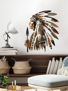 Detail of Native American silhouette wall decal with realistic brown feather texture