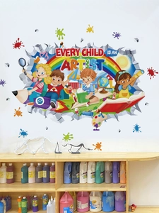 3D wall sticker Every Child Is An Artist with colorful rainbow and kids in art room