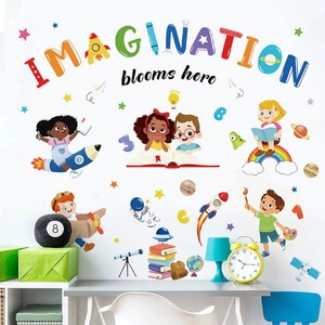 Colorful Imagination themed wall stickers featuring cartoon children and space elements