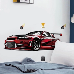 Dynamic red racing car wall sticker for kids bedroom with trophies and flame tires