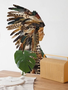 Detailed view of Native American girl wall sticker with colorful feathers in home setting