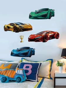 Detail of colorful racing car wall stickers in a cozy blue kids bedroom setting