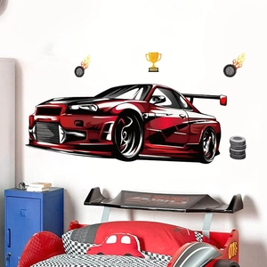 Racing car wall stickers featuring red sports car and trophy for kids room decor