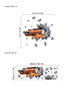 Detail showing 3D orange muscle car wall sticker with paste effect and layout size dimensions
