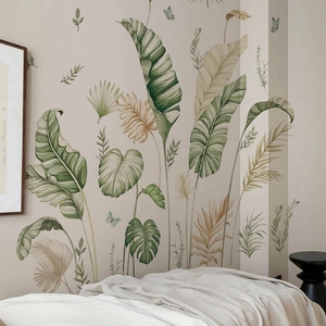 Tropical banana leaf and monstera wall decals with blue butterflies for home decor