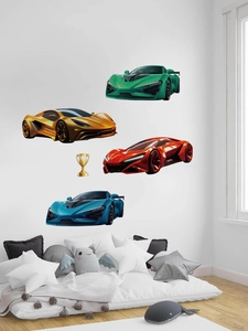 Detailed close-up of colorful cartoon race car wall stickers and golden trophy decals