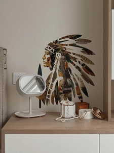 Detail of Indian man wall sticker with colorful feather headdress in a home setting