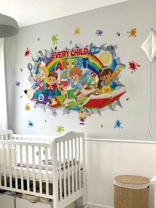 Detailed view of colorful 3D educational wall decal with Every Child Is An Artist quote