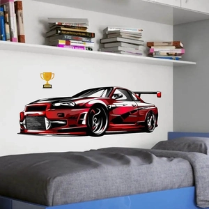 Red sports car wall sticker with gold trophy for kids bedroom wall decoration