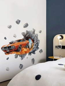 3D wall sticker featuring an orange muscle car breaking through wall with fire effects